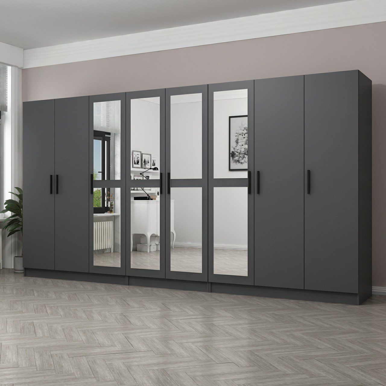 Minar Kale 8 Kapaklı 4 Aynalı 4 Çekmeceli Dolap Antrasit