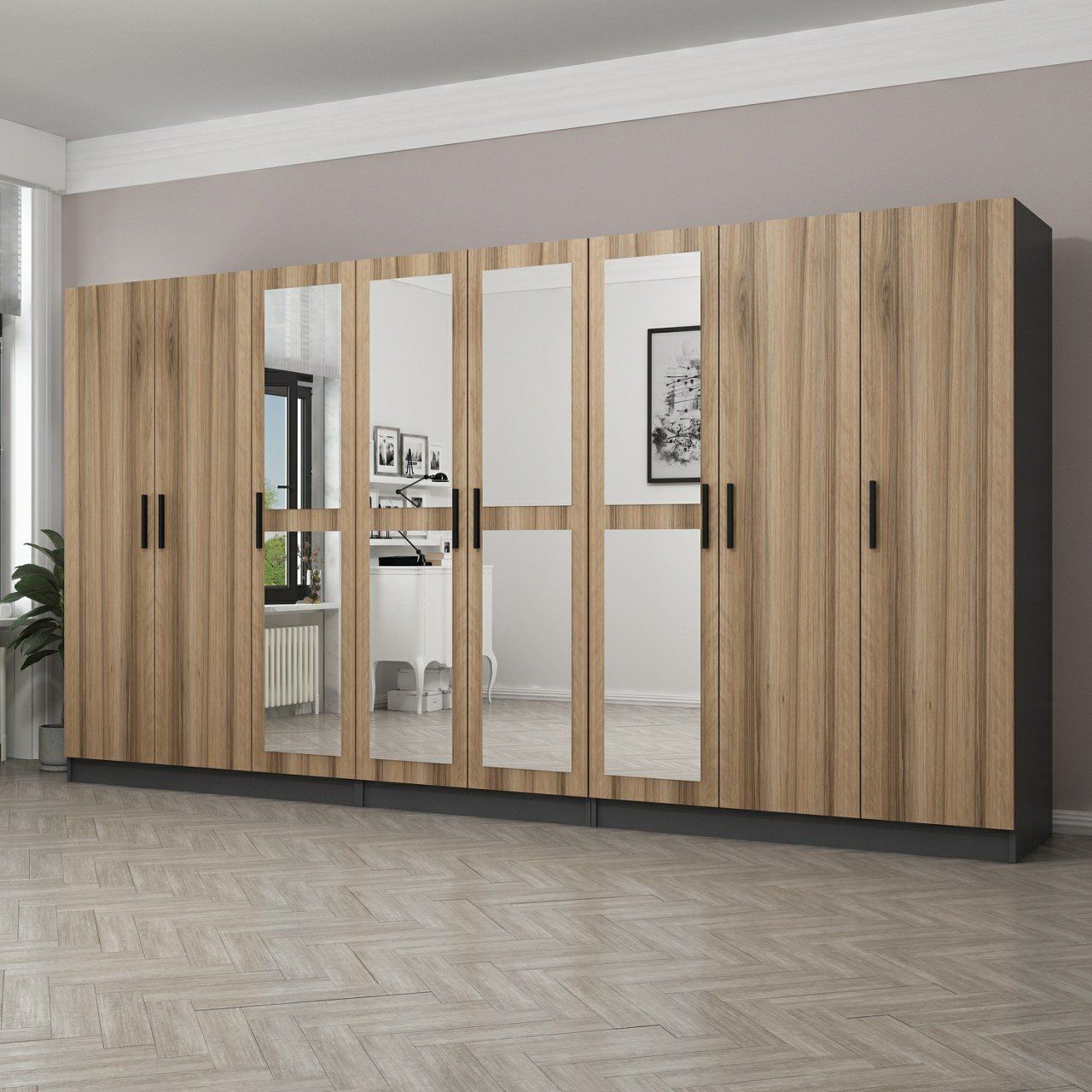 Minar Kale 8 Kapaklı 4 Aynalı 4 Çekmeceli Dolap Antrasit Dore