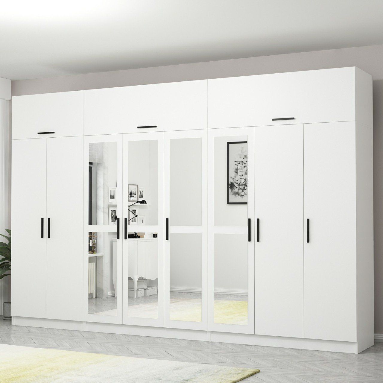 Minar Kale 8 Kapaklı 4 Aynalı 4 Çekmeceli Dolap Ve Yüklük Beyaz