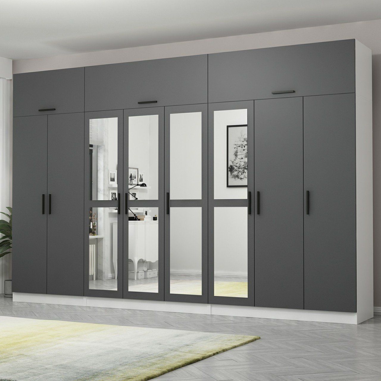 Minar Kale 8 Kapaklı 4 Aynalı 4 Ç Dolap Ve Yüklük Beyaz Antrasit