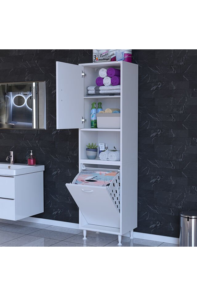 Afitap 50 x 160 x 32,5 cm Çamaşır Hazneli Çok Amaçlı Banyo Dolabı