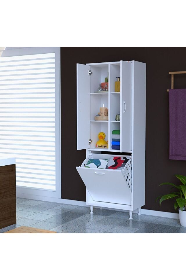 İnci 55x165 Cm Üç Kapaklı Çok Amaçlı Kirli Çamaşır Dolabı Sepetli Banyo Dolabı