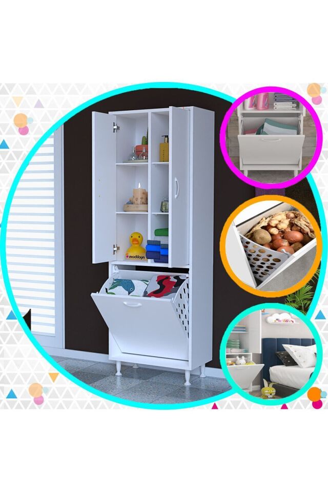 İnci 55x165 Cm Üç Kapaklı Çok Amaçlı Kirli Çamaşır Dolabı Sepetli Banyo Dolabı