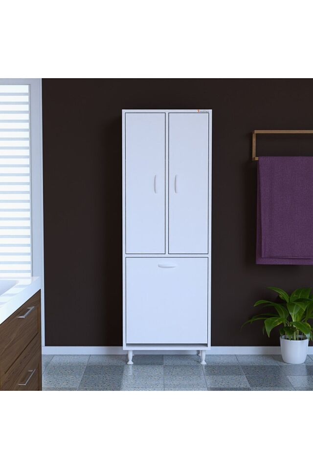 İnci 55x165 Cm Üç Kapaklı Çok Amaçlı Kirli Çamaşır Dolabı Sepetli Banyo Dolabı