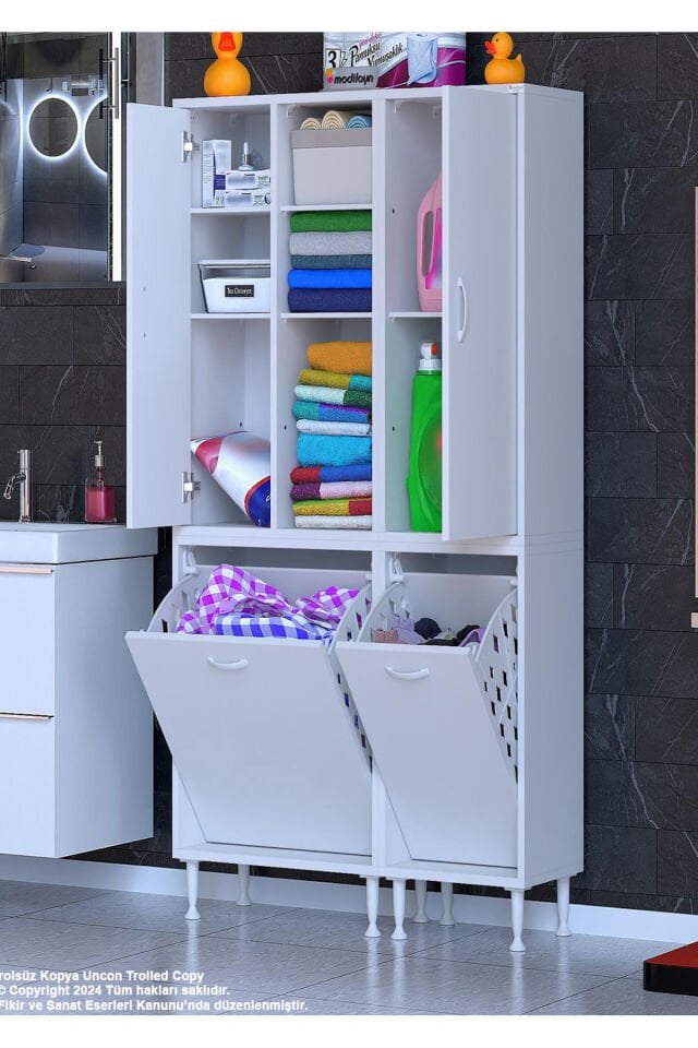 Alaçatı Inci 90x160x32 Banyo Dolabı Çok Amaçlı Dolap Kirli Çamaşır Sepetli Dolap
