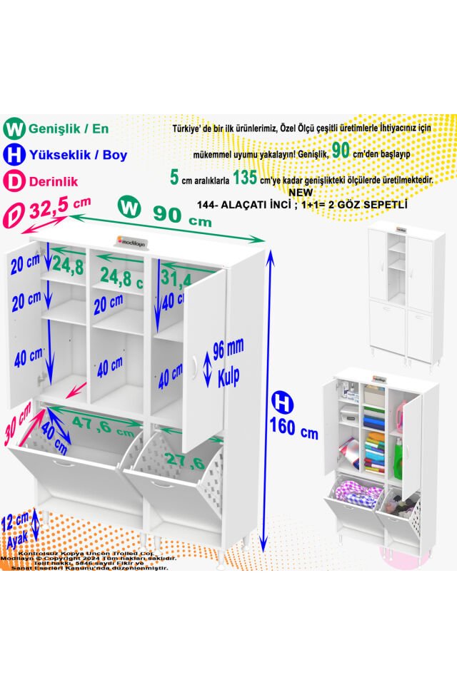 Alaçatı Inci 90x160x32 Banyo Dolabı Çok Amaçlı Dolap Kirli Çamaşır Sepetli Dolap