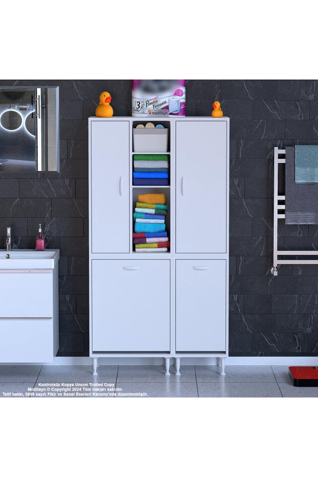 Alaçatı Inci 90x160x32 Banyo Dolabı Çok Amaçlı Dolap Kirli Çamaşır Sepetli Dolap