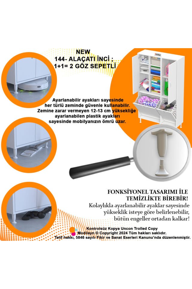 Alaçatı Inci 90x160x32 Banyo Dolabı Çok Amaçlı Dolap Kirli Çamaşır Sepetli Dolap