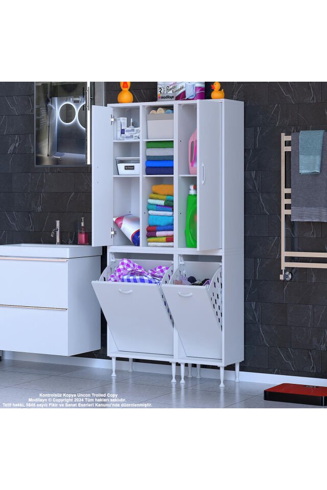 Alaçatı Inci 90x160x32 Banyo Dolabı Çok Amaçlı Dolap Kirli Çamaşır Sepetli Dolap