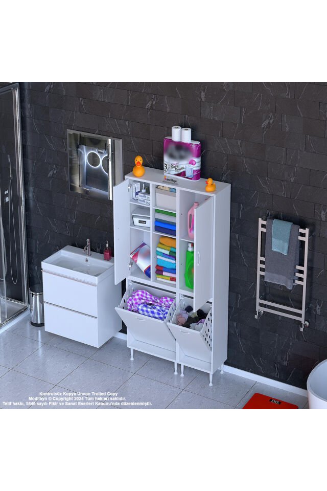 Alaçatı Inci 90x160x32 Banyo Dolabı Çok Amaçlı Dolap Kirli Çamaşır Sepetli Dolap