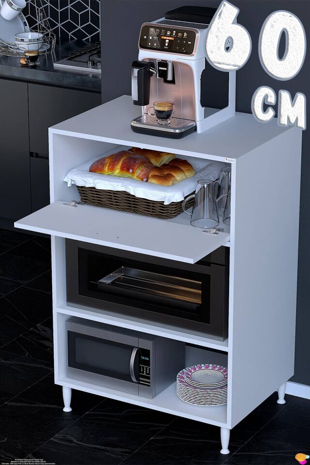 Ceren Çok Amaçlı Mikrodalga Mini Fırın Dolabı ve Beyaz Mutfak Kiler Düzenleyici Standı 60x119x56 cm