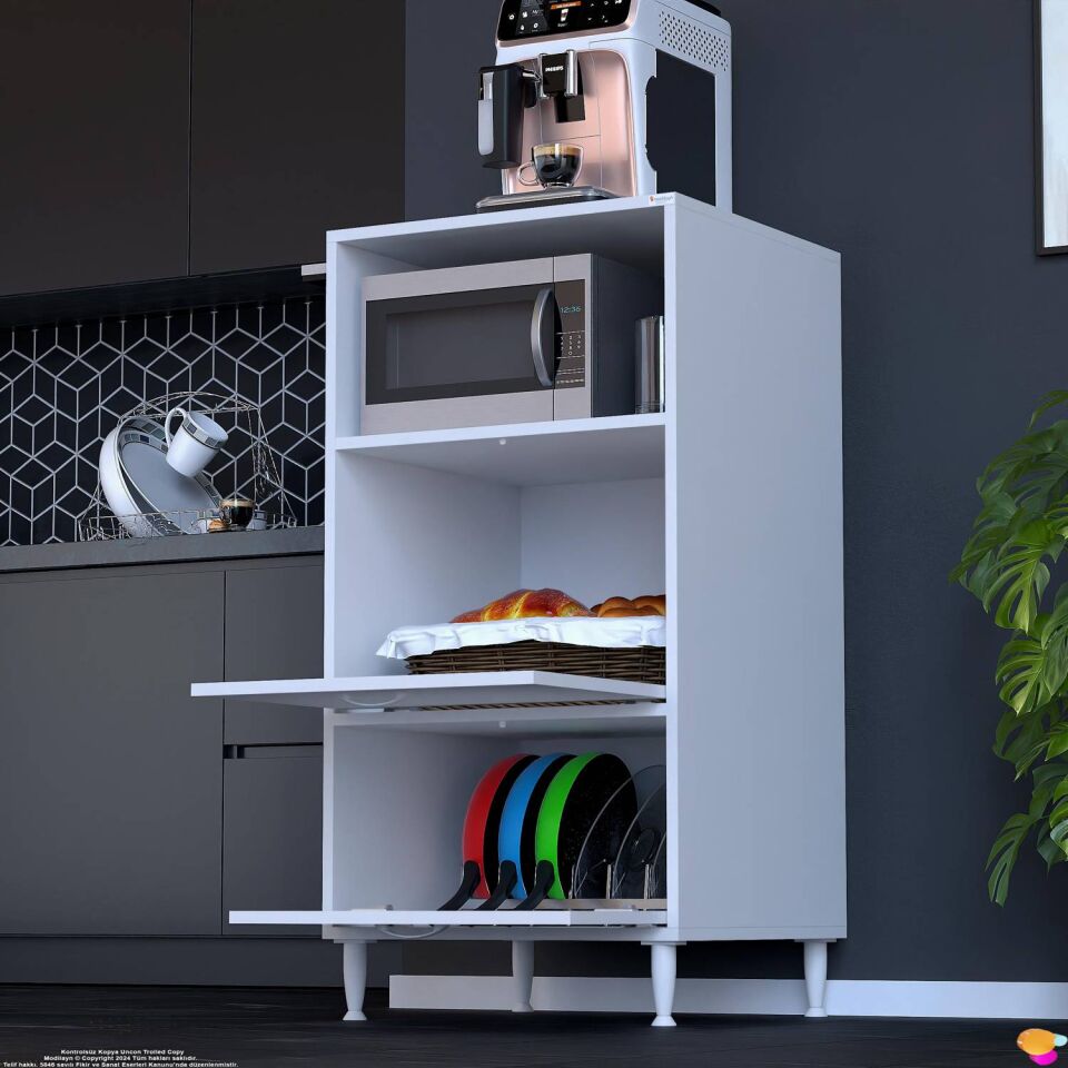 Ecem Mikrodalga Fırın Tezgahı ve Çift Kapaklı Mutfak Kiler Dolabı Beyaz Ekmeklik Standı 60x119x56 cm