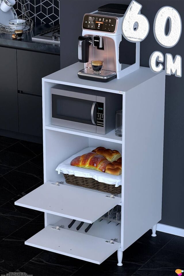Ecem Mikrodalga Fırın Tezgahı ve Çift Kapaklı Mutfak Kiler Dolabı Beyaz Ekmeklik Standı 60x119x56 cm