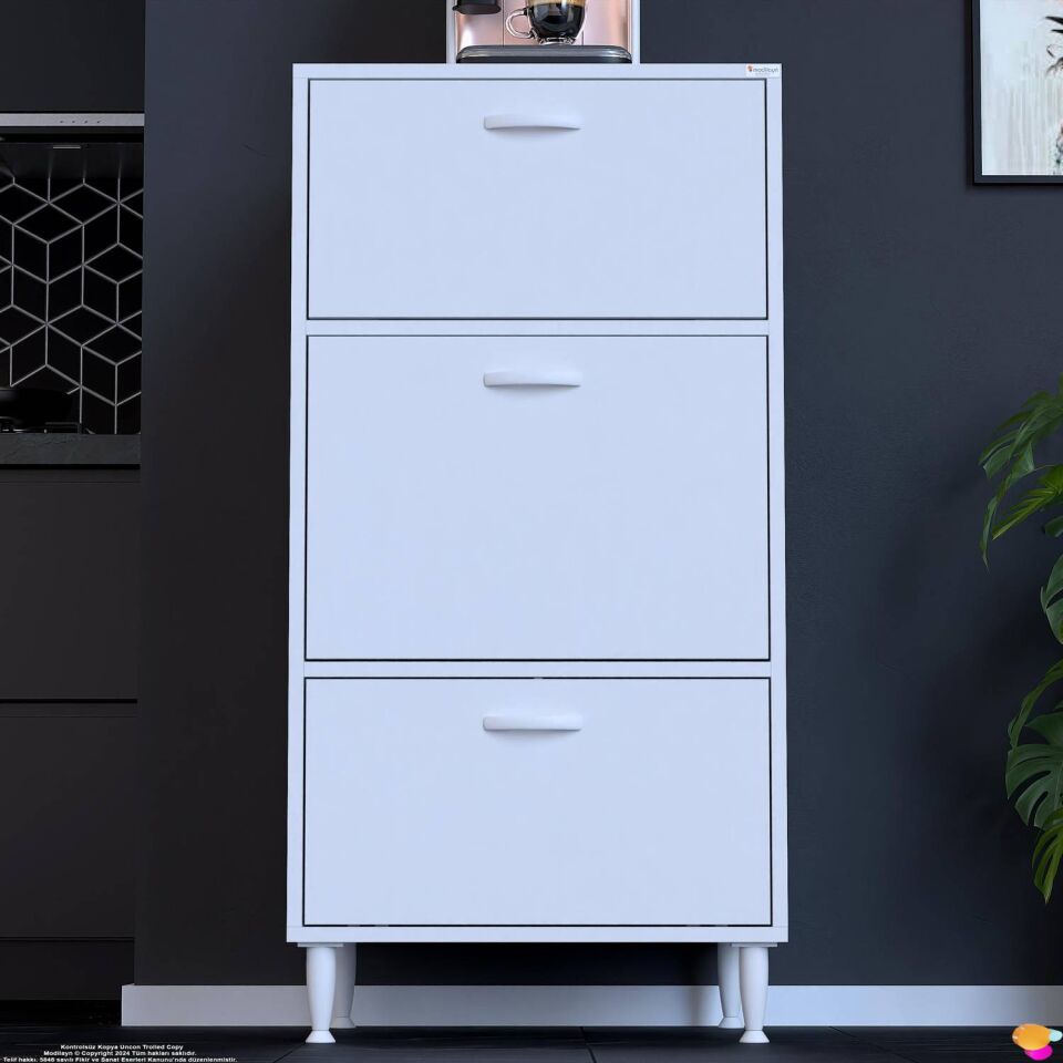 Açelya 3 Kapaklı Çok Amaçlı Mutfak Dolabı Geniş Erzak Kiler Düzenleyici Beyaz 60x119x56 cm