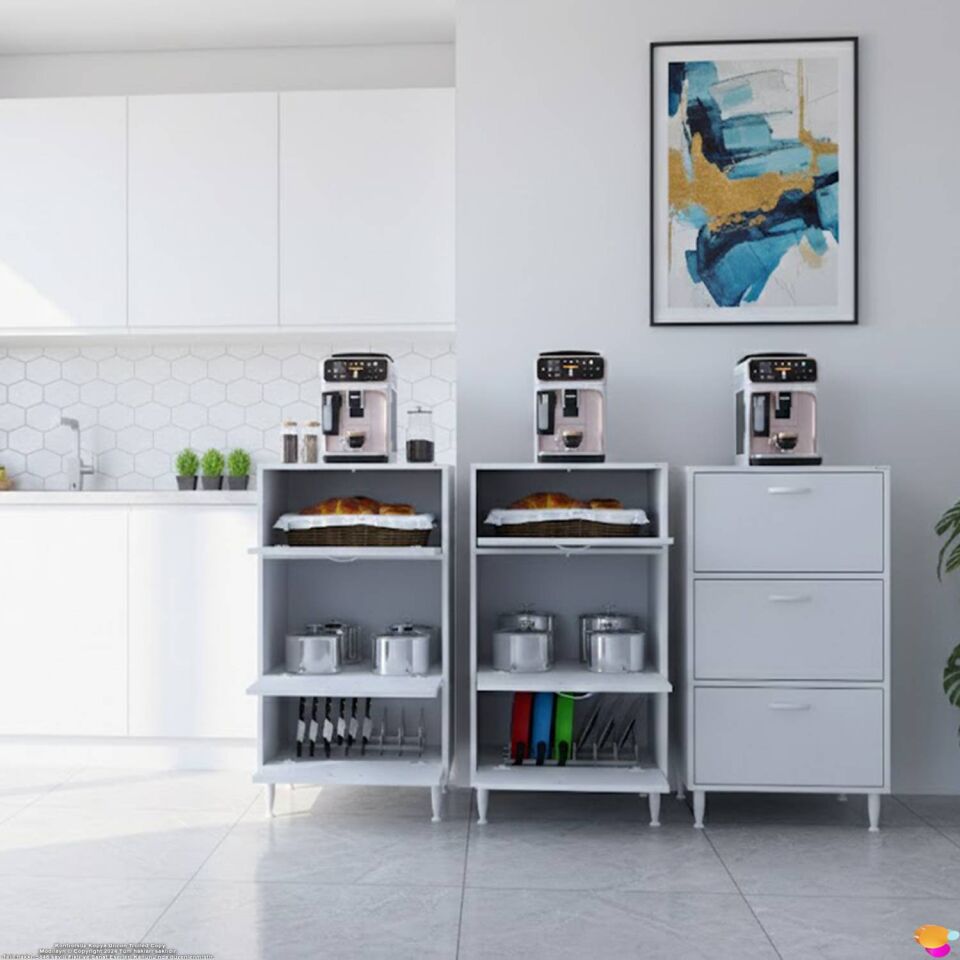 Açelya 3 Kapaklı Çok Amaçlı Mutfak Dolabı Geniş Erzak Kiler Düzenleyici Beyaz 60x119x56 cm