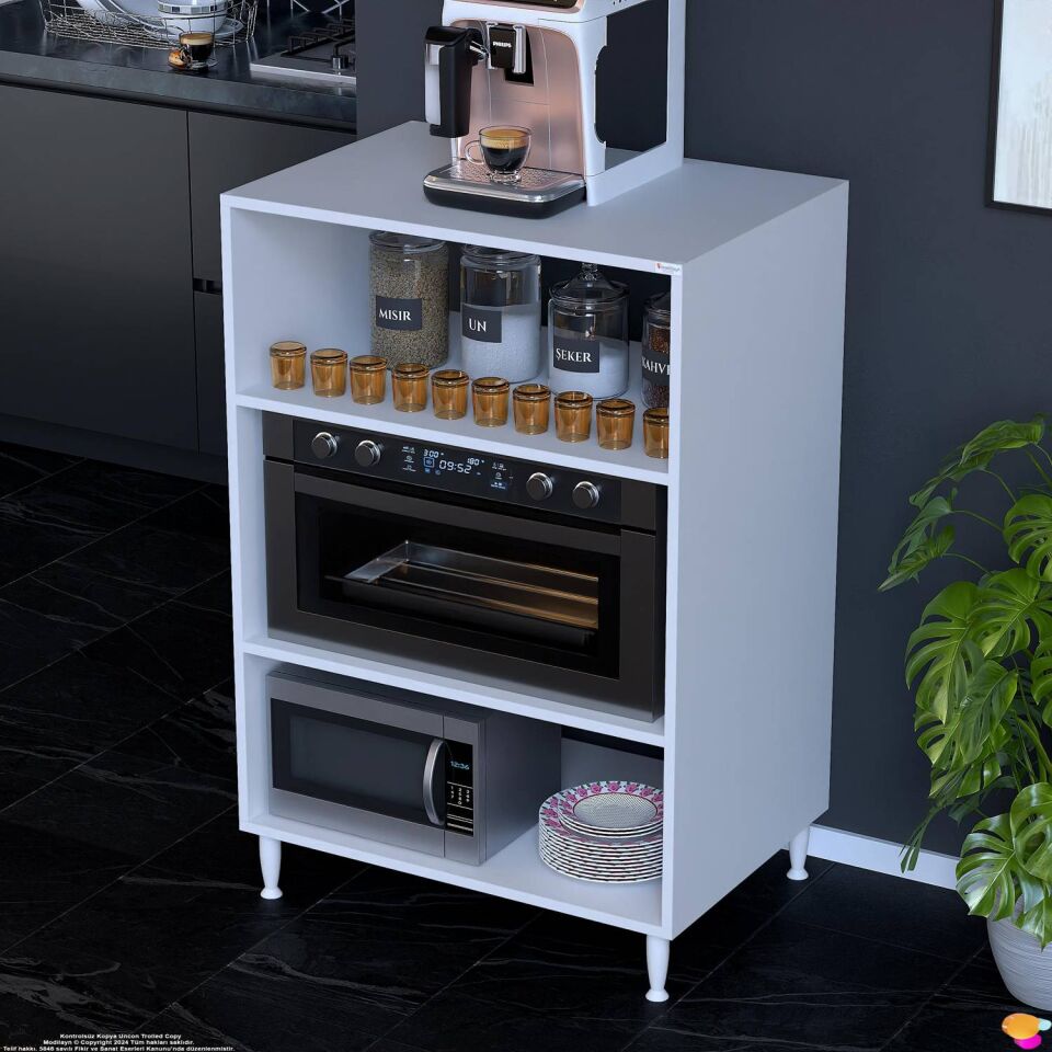 Lara 80 cm Çok Amaçlı Mikrodalga Standı 3 Raflı Fırın Tezgahı Mutfak Dolabı Beyaz 80x119x48 cm