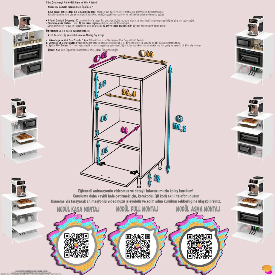 Joker 60 cm Mutfak Dolabı Mikrodalga Fırın Standı Çok Amaçlı Kiler Ekmeklik Beyaz 60x119x48 cm