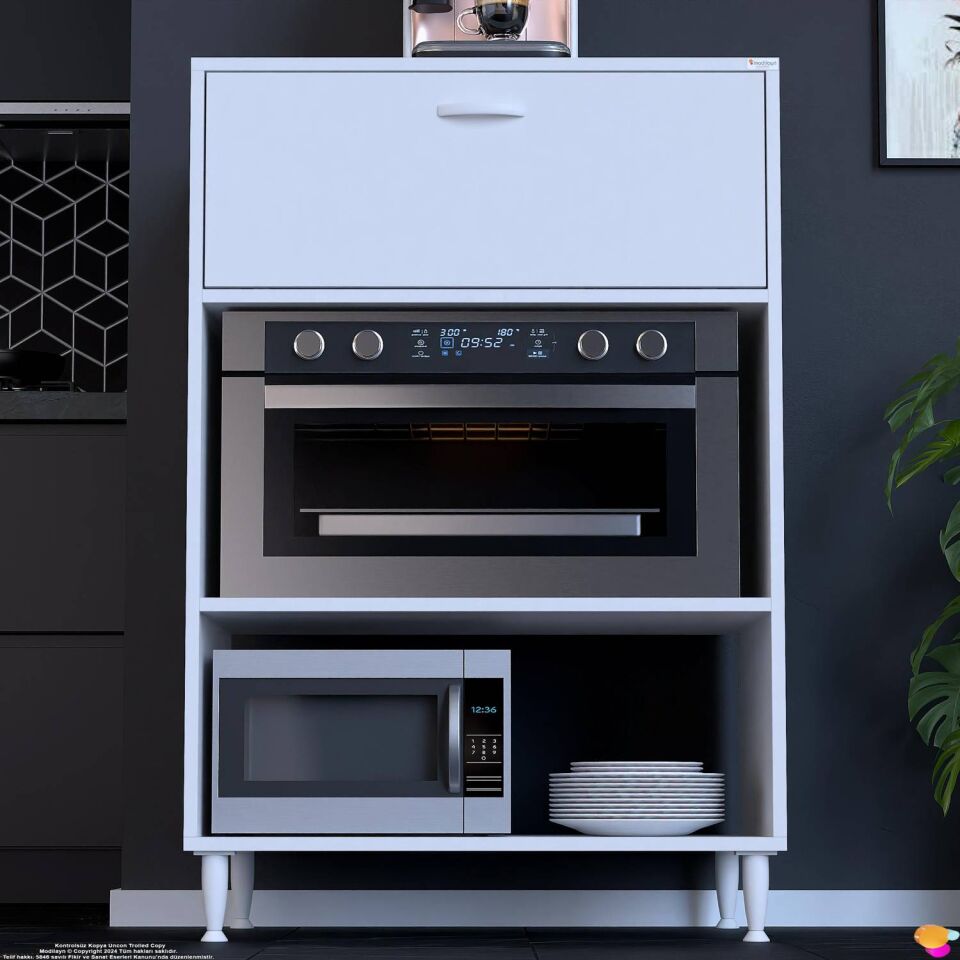 Smart 60 cm Üstten Kapaklı Mutfak Dolabı Mikrodalga Fırın Standı Kiler Beyaz Dolap 60x119x48 cm