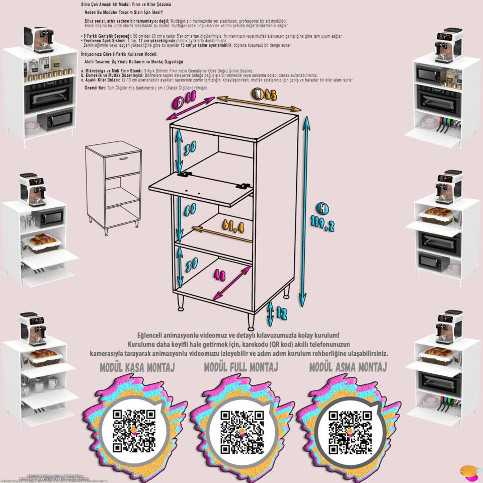 Smart 65 cm Üstten Kapaklı Mutfak Dolabı Mikrodalga Fırın Standı Kiler Beyaz Dolap 65x119x48 cm