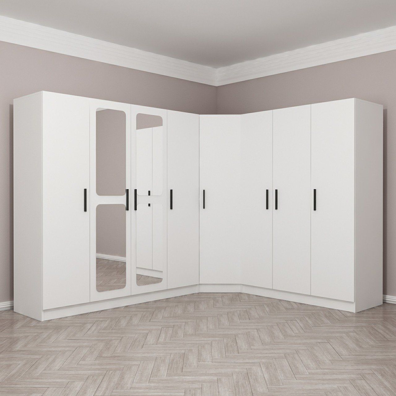 Kale 8 Kapaklı Aynalı 4Ç Köşe Dolap - Beyaz