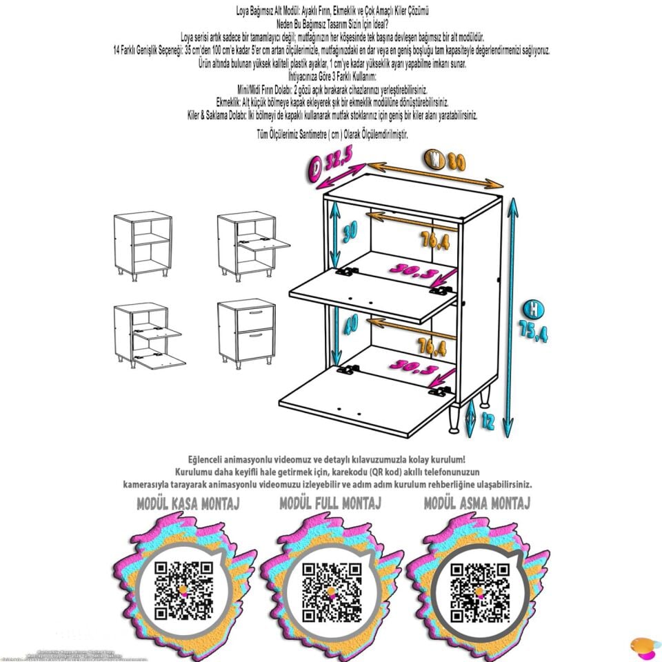 Gaye Çok Amaçlı 2 Kapaklı Dolap 80x87x32 cm Banyo Mutfak Çocuk Odası Düzenleyici Kiler