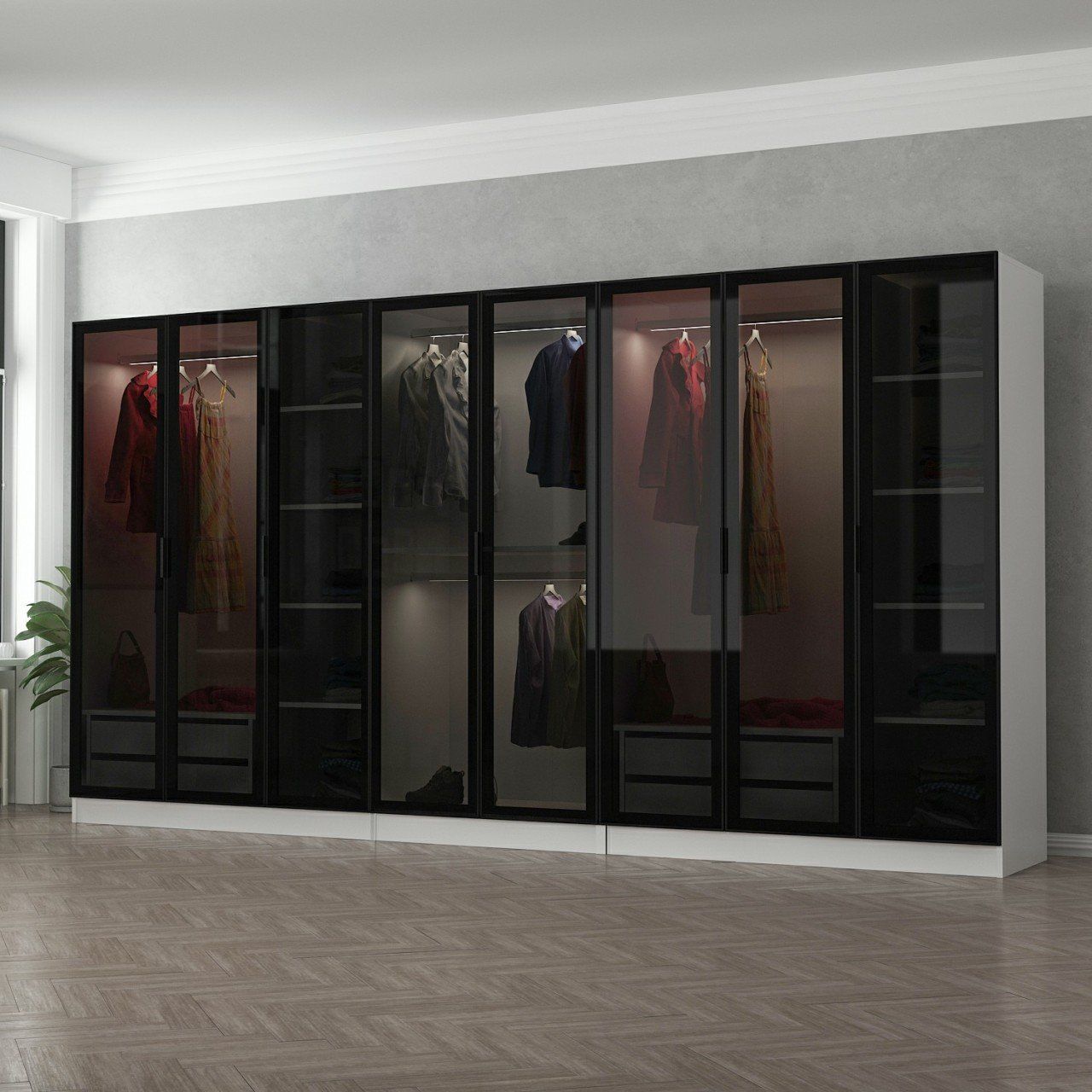 Minar Kale 8 Cam Kapaklı 4 Çekmeceli Dolap - Beyaz/Siyah