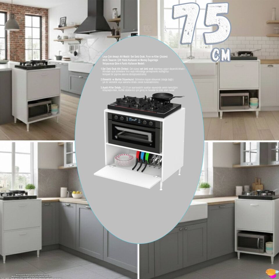 Perax 75 cm Kapaklı Set Üstü Ocak Dolabı Fırınlık Kiler Çok Amaçlı Mutfak Modülü 75x87x48 cm Beyaz