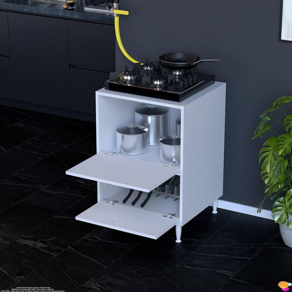 Siena 60 cm Çift Kapaklı Set Üstü Ocak Dolabı Fırınlık Kiler Çok Amaçlı Dolap 60x87x48 cm Beyaz