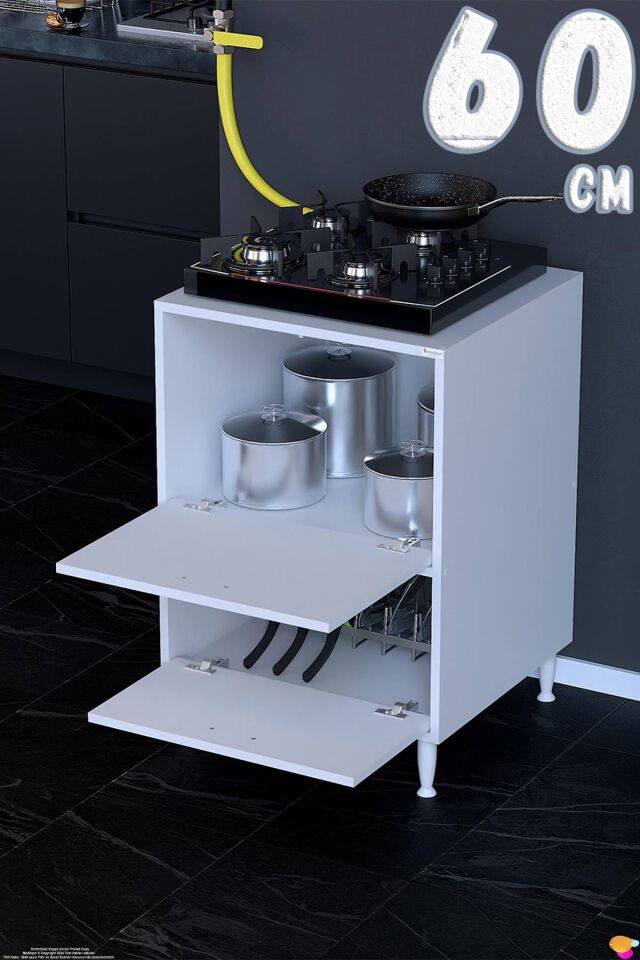 Siena 60 cm Çift Kapaklı Set Üstü Ocak Dolabı Fırınlık Kiler Çok Amaçlı Dolap 60x87x48 cm Beyaz