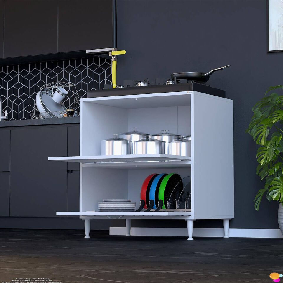 Siena 70 cm Çift Kapaklı Set Üstü Ocak Dolabı Fırınlık Kiler Çok Amaçlı Dolap 70x87x48 cm Beyaz