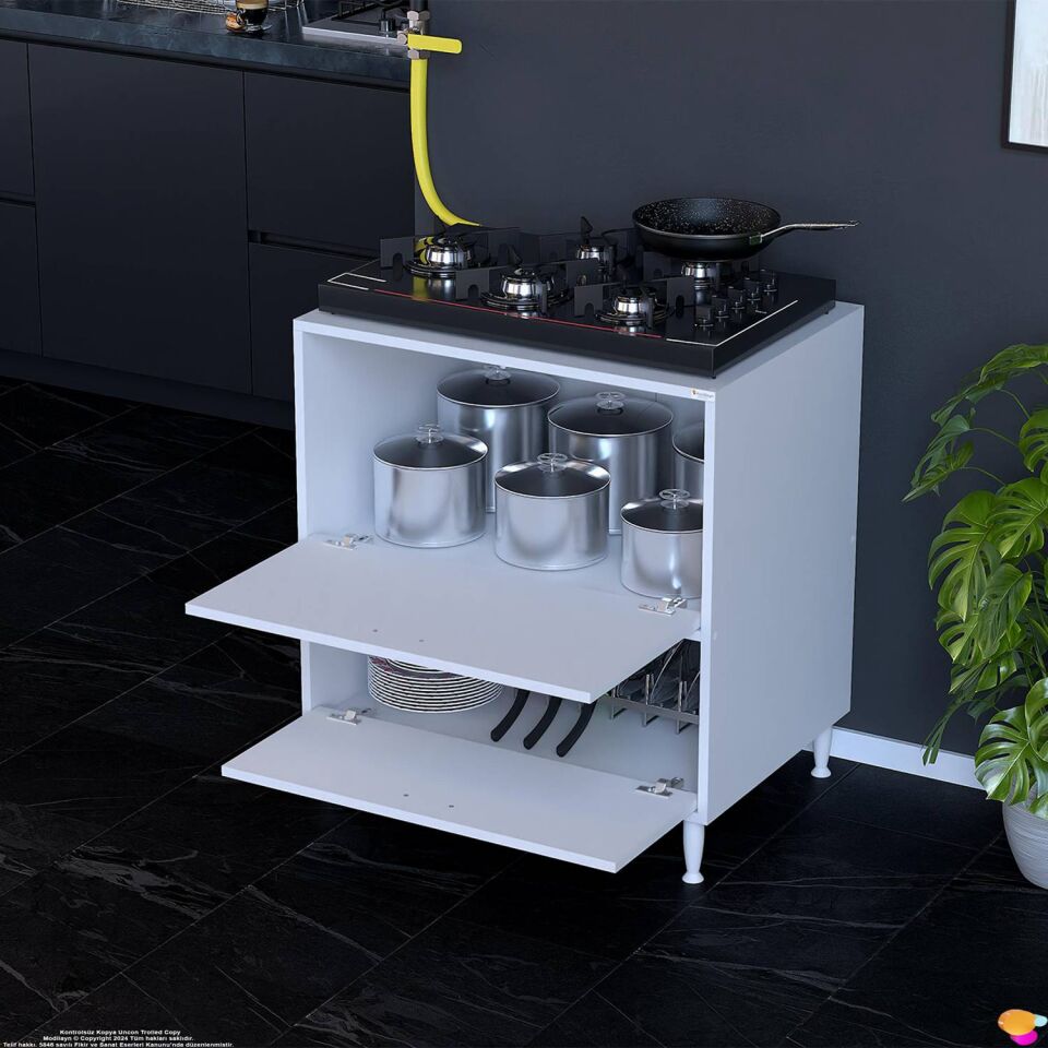Siena 70 cm Çift Kapaklı Set Üstü Ocak Dolabı Fırınlık Kiler Çok Amaçlı Dolap 70x87x48 cm Beyaz