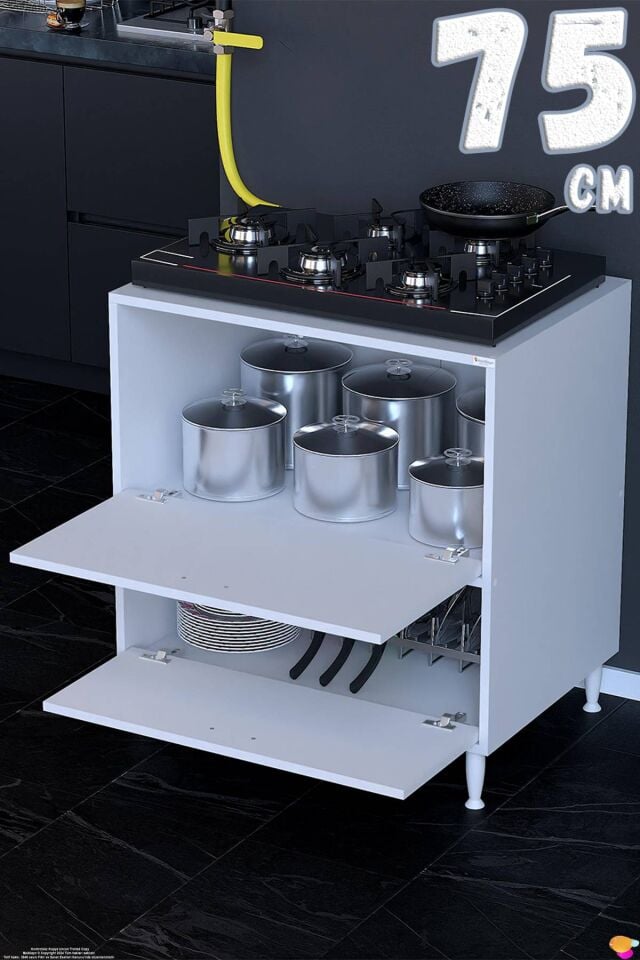Siena 75 cm Çift Kapaklı Set Üstü Ocak Dolabı Fırınlık Kiler Çok Amaçlı Dolap 75x87x48 cm Beyaz