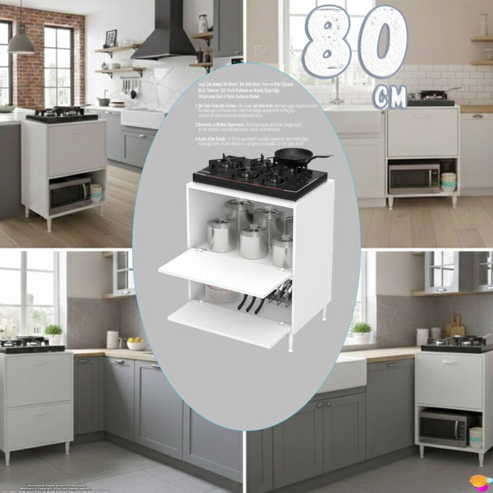 Siena 80 cm Çift Kapaklı Set Üstü Ocak Dolabı Fırınlık Kiler Çok Amaçlı Dolap 80x87x48 cm Beyaz