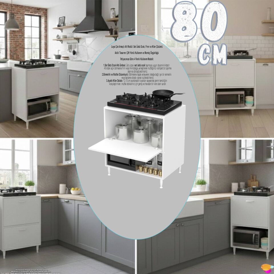 Prex 80 cm Kapaklı Set Üstü Ocak Dolabı Fırınlık Kiler Mutfak Modülü 80x87x48 cm Beyaz
