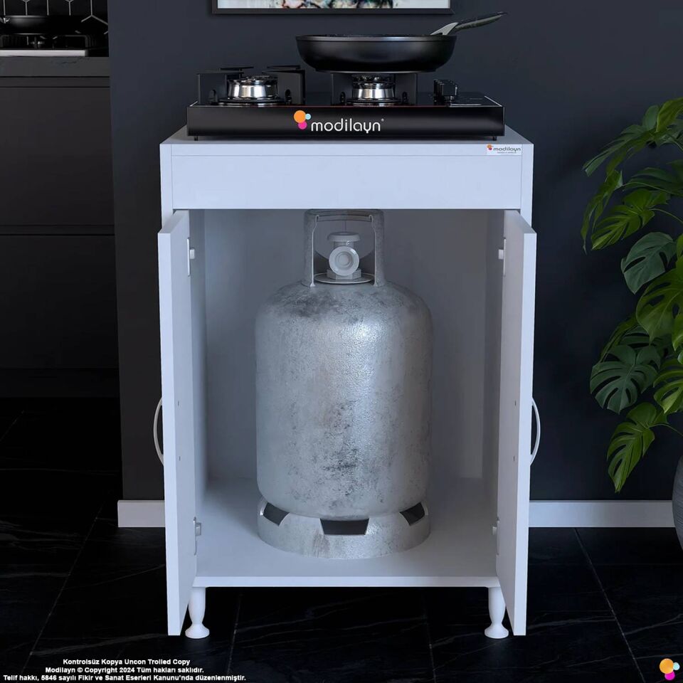 Lenaw 60x85x56 cm Set Üstü Ocak Uyumlu Çift Kapak Tüp Bölmeli Mutfak Dolabı Çok Amaçlı Dolap Beyaz