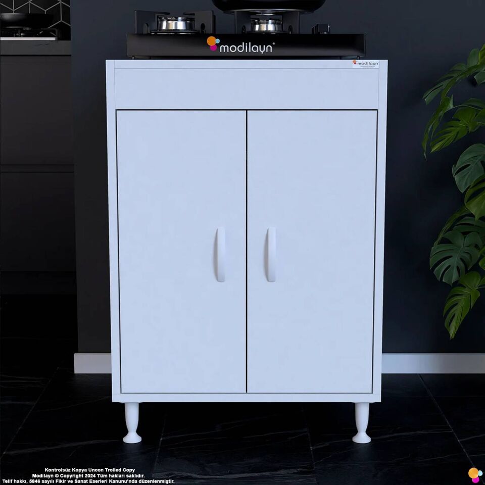 Lenaw 60x85x56 cm Set Üstü Ocak Uyumlu Çift Kapak Tüp Bölmeli Mutfak Dolabı Çok Amaçlı Dolap Beyaz