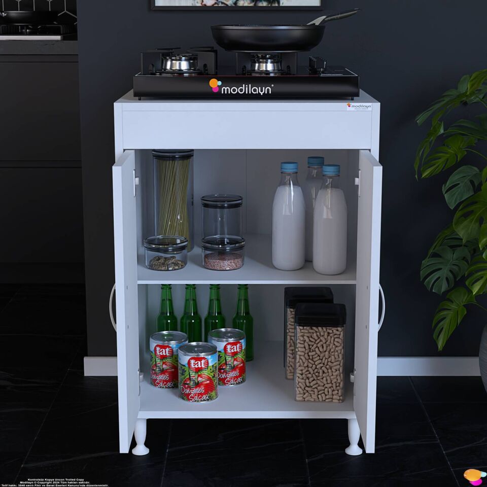 Lenaw 60x85x56 cm Set Üstü Ocak Uyumlu Çift Kapaklı Raflı Mutfak Dolabı Çok Amaçlı Dolap Beyaz
