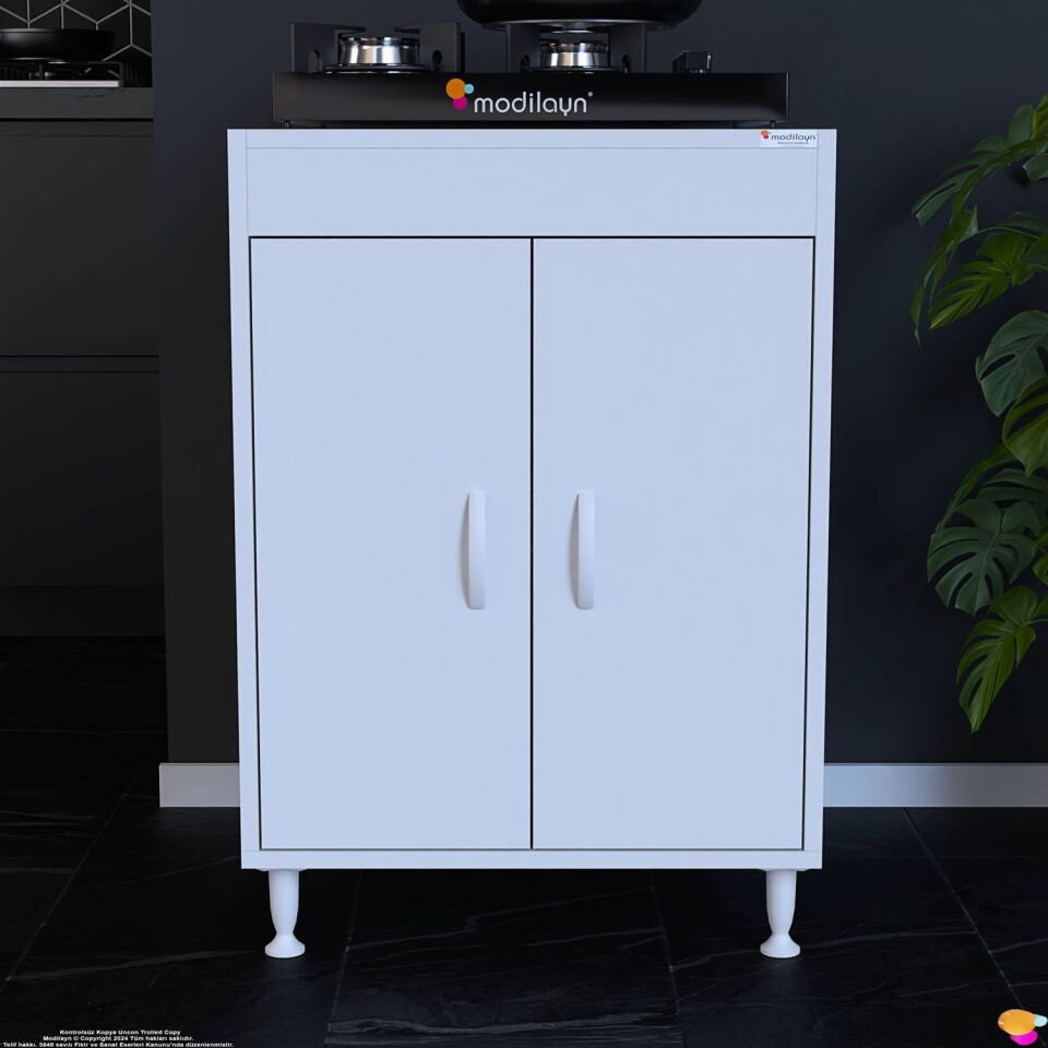 Lenaw 60x85x56 cm Set Üstü Ocak Uyumlu Çift Kapaklı Raflı Mutfak Dolabı Çok Amaçlı Dolap Beyaz