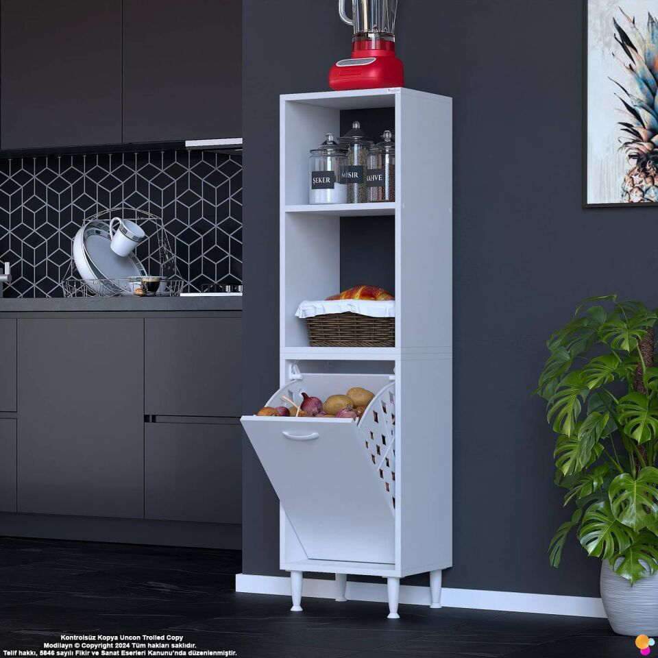 Nixa 35 cm Çok Amaçlı Mutfak Banyo Kiler Dolabı - Sepetli Üstü Açık Raflı 35x150x32 cm Beyaz
