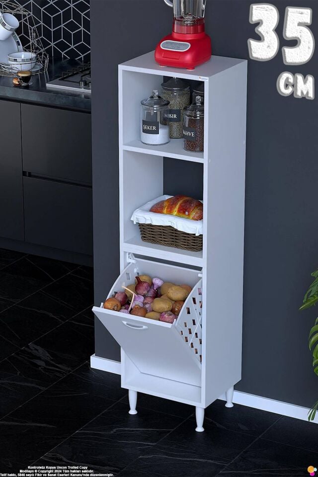 Nixa 35 cm Çok Amaçlı Mutfak Banyo Kiler Dolabı - Sepetli Üstü Açık Raflı 35x150x32 cm Beyaz