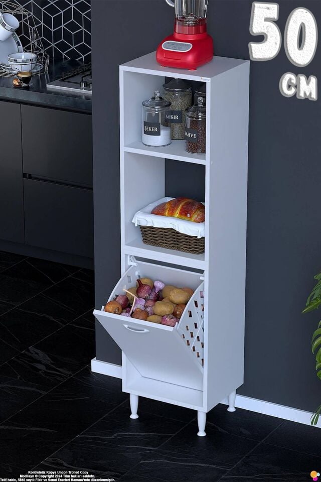 Nixa 50 cm Çok Amaçlı Mutfak Banyo Kiler Dolabı - Sepetli Üstü Açık Raflı 50x150x32 cm Beyaz