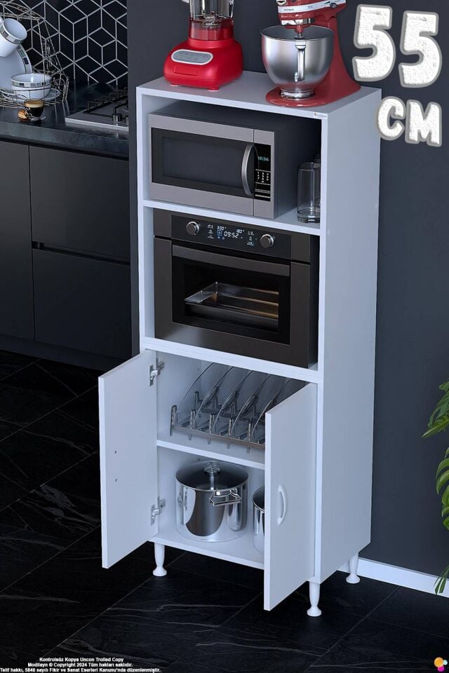Duru 55 cm Mutfak Kiler Dolabı İki Kapaklı Mikrodalga Fırın Dolap Raflı Banyo Dolabı 55x150x32 cm