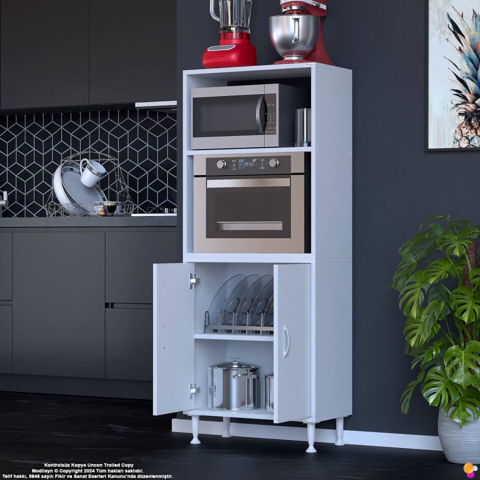 Duru 60 cm Çift Kapaklı Mutfak Kiler Dolabı Raflı Mikrodalga Fırın Standı Banyo Dolabı 60x150x32 cm