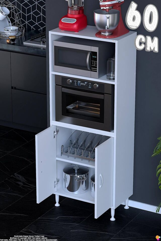 Duru 60 cm Çift Kapaklı Mutfak Kiler Dolabı Raflı Mikrodalga Fırın Standı Banyo Dolabı 60x150x32 cm