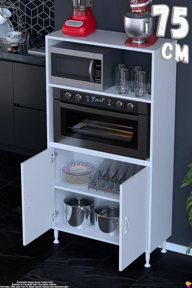 Duru 75 cm Çift Kapaklı Mutfak Kiler Dolabı Raflı Mikrodalga Fırın Standı Banyo Dolabı 75x150x32 cm