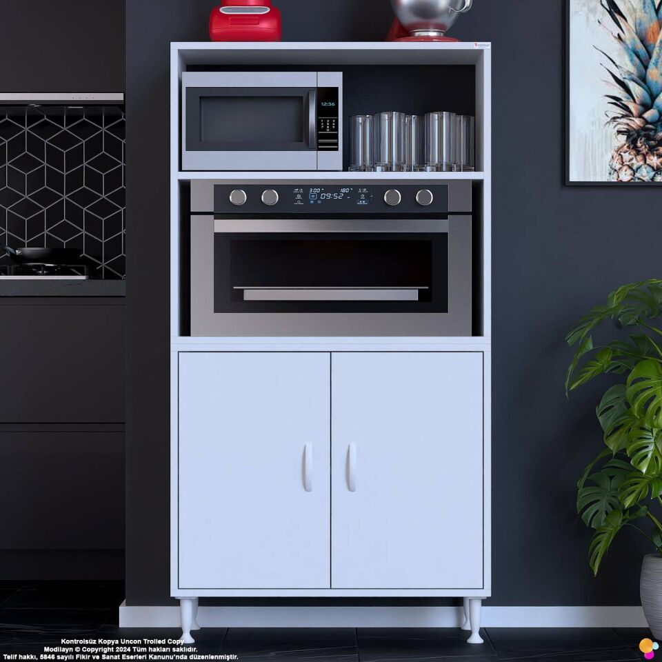 Duru 80 cm Çift Kapaklı Mutfak Kiler Dolabı Raflı Mikrodalga Fırın Standı Banyo Dolabı 80x150x32 cm