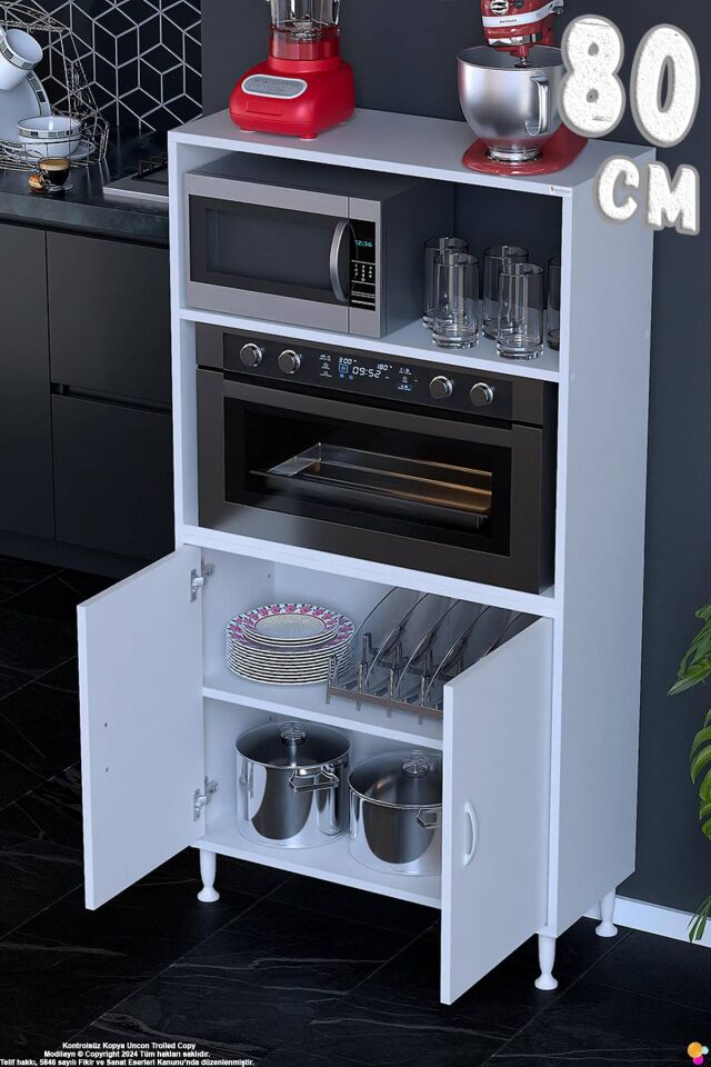 Duru 80 cm Çift Kapaklı Mutfak Kiler Dolabı Raflı Mikrodalga Fırın Standı Banyo Dolabı 80x150x32 cm