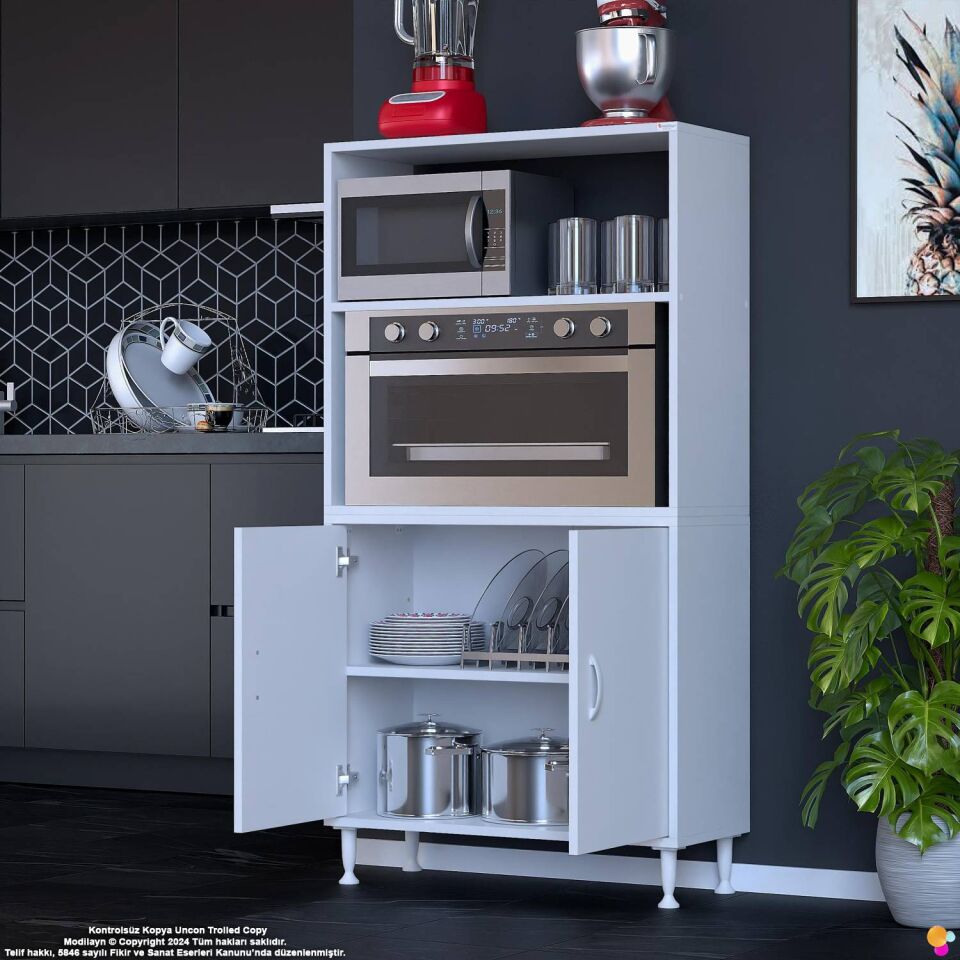Duru 85 cm Çift Kapaklı Mutfak Kiler Dolabı Raflı Mikrodalga Fırın Standı Banyo Dolabı 85x150x32 cm