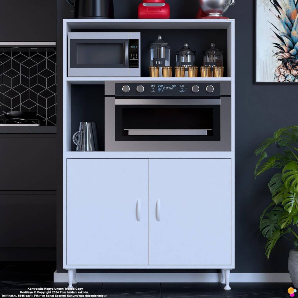 Duru 90 cm Çift Kapaklı Mutfak Kiler Dolabı Raflı Mikrodalga Fırın Standı Banyo Dolabı 90x150x32 cm