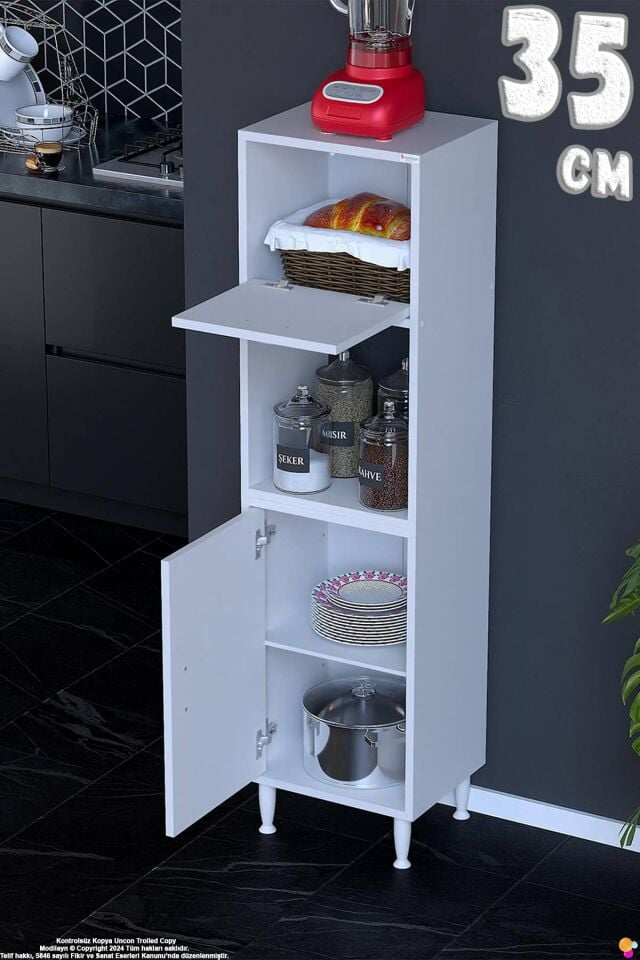 Rona 35 cm Tek Kapaklı Mutfak Kiler Dolabı Raflı Çok Amaçlı Dolap Banyo Dolabı 35x150x32 cm